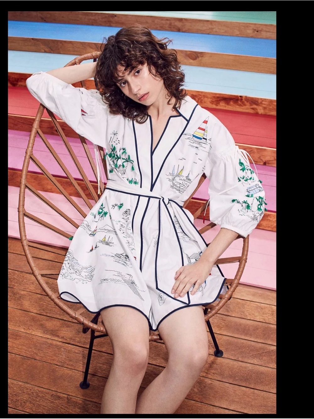 Tanya Taylor sailing summer embroidered sleeves dress with tie waist size 6